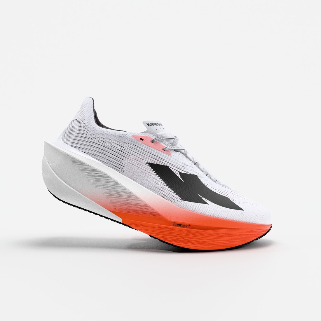 Kiprun racing shoe in white and orange, three-quarter view.